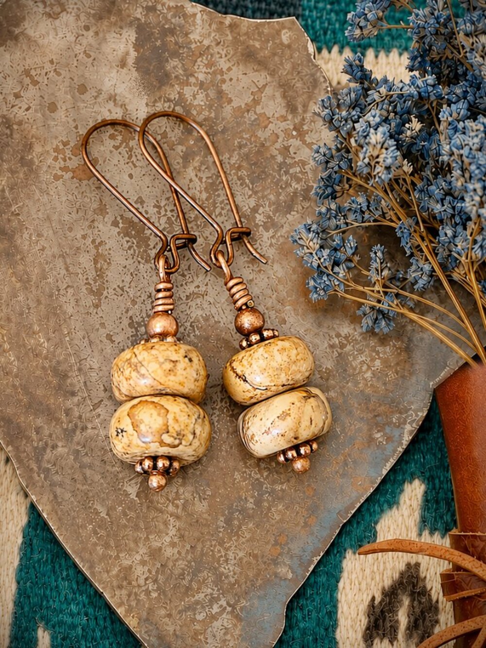 American Picture Jasper And Copper Boho Earrings Handmade